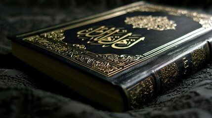 Ornate, dark-covered book with golden calligraphy, close-up.