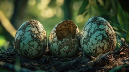 Naklejka premium Hatchlings emerging from dinosaur eggs in a lush prehistoric environment with a focus on texture and nature's beauty