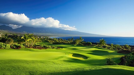 Lush green golf course landscape with ocean views and blue sky under bright sunlight in a tropical setting