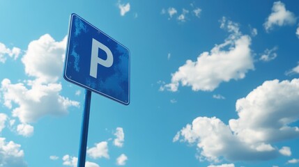 Blue parking sign against a clear blue sky with fluffy clouds emphasizing transportation and outdoor environment concepts.