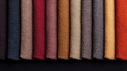 A carefully arranged collection of raw fabrics, featuring natural textures like linen and cotton, with vibrant and muted color options.