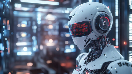 Fototapeta premium White humanoid robot processing data in a futuristic server room, showcasing advanced technology and artificial intelligence
