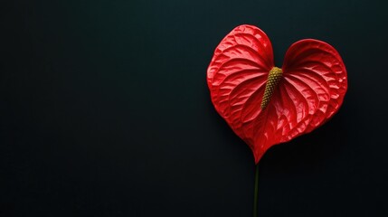 Vibrant red anthurium flower heart shape on a dark background symbolizing love and appreciation ideal for Women&acirc;&euro;&trade;s Day and Mother&acirc;&euro;&trade;s Day moments.