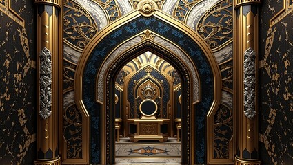Fototapeta premium Luxurious ornamental gold and black pattern featuring intricate geometric shapes, metallic textures, and elegant details, perfect for architectural and artistic inspiration. Generative, AI