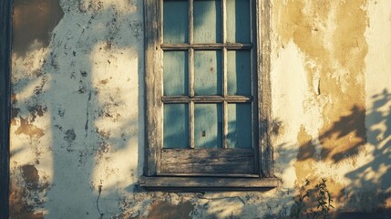 Vintage old house with weathered wall and rustic blue window showcasing a nostalgic architectural style and charming historical details