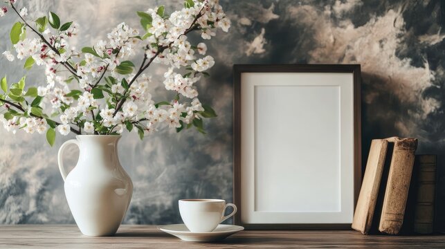 Minimalist breakfast scene featuring a white ceramic vase with blooming apple branches, coffee cup, old books, and a blank picture frame.