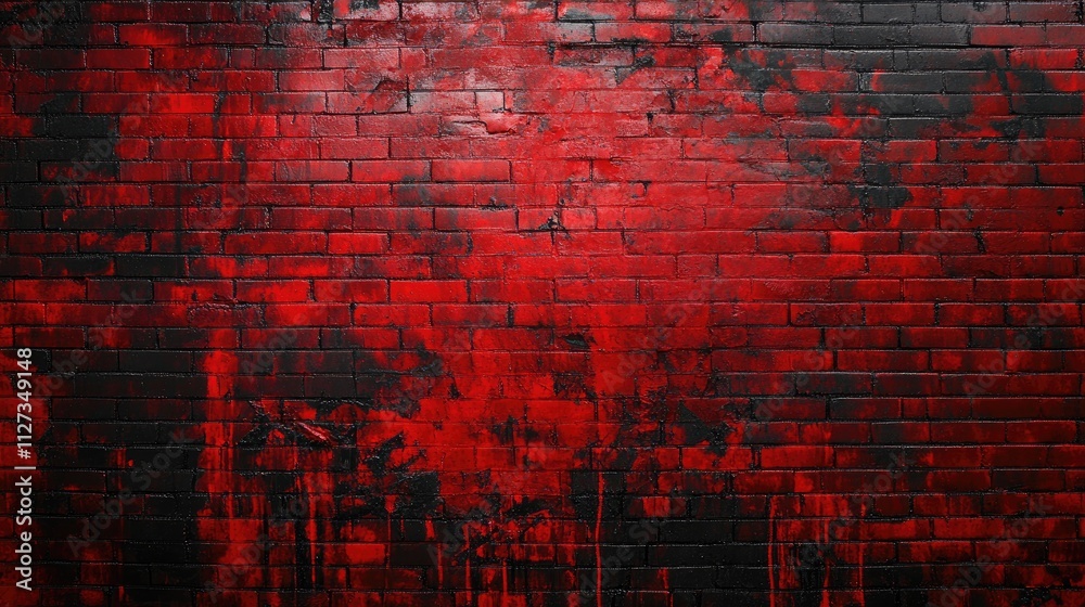 Sticker red brick wall with abstract red and black paint splashes creating a vibrant textured background for