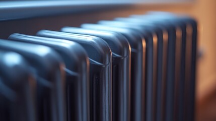 Closeup of a vintage heating radiator showing detailed metal texture and design in a warm indoor setting