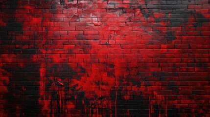 Red brick wall with abstract red and black paint splashes creating a vibrant textured background for creative projects and designs