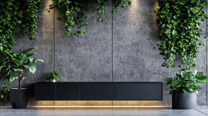 Modern loft interior featuring an architectural concrete wall adorned with lush green plants and a sleek black cabinet design.
