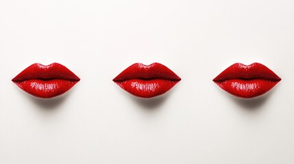 Fototapeta premium Red lipstick prints aligned on a white background showcasing glossy, vibrant hues and beauty product aesthetics for cosmetic marketing.