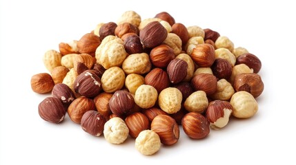 Fototapeta premium Mixed assortment of hazelnuts and peanuts arranged on a white background showcasing their different textures and colors