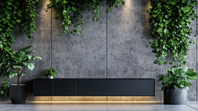 Modern loft interior featuring an architectural concrete wall adorned with lush green plants and a sleek black cabinet design.
