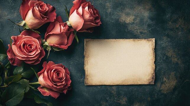Vintage roses with an empty greeting card on a textured background for romantic or sentimental messages