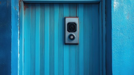 Modern intercom video doorbell mounted on a blue textured wall with vibrant colors and clean lines showcasing security technology.