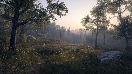 Dusk in the Forest: A Serene View of Nature with Trees and Rugged Terrain Evoking Freedom and Adventure