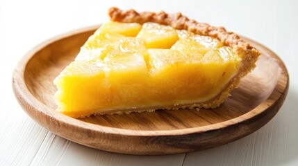 Pineapple pie slice on wooden plate showcasing vibrant filling against a clean white background.
