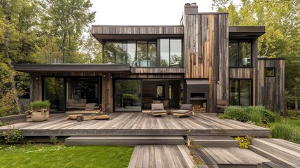 Fototapeta premium Weathered wooden deck contrasts with sleek modern house facade surrounded by lush greenery in serene outdoor setting.