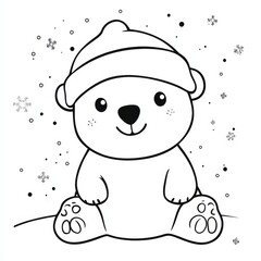 Fototapeta premium Adorable Polar Bear Coloring Page: A delightful illustration of a cute polar bear wearing a winter hat, perfect for coloring and bringing a touch of winter cheer to your projects. 