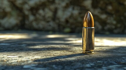 Nickel plated hollow point bullet standing upright with a detailed shadow on a textured surface showcasing its design and finish