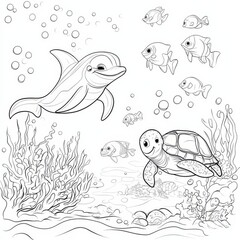 Underwater Adventure Coloring Page: A playful dolphin and a gentle turtle swim amongst a vibrant coral reef teeming with life, perfect for coloring and bringing this underwater world to life. 