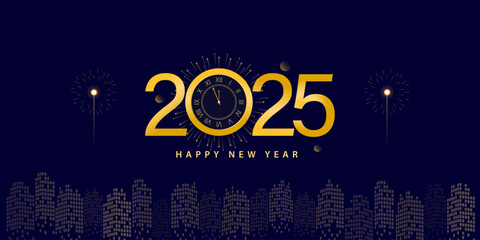 Happy New Year 2025  Design. Gold Theme with Firework and City as Background Vector Illustration