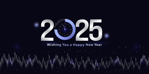 Happy New Year 2025 Design. Silver Theme with  Simple Watch and  Light of City as Background Vector Illustration Design