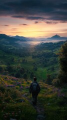 Fototapeta premium Hiker enjoying a sunrise view in a lush green valley