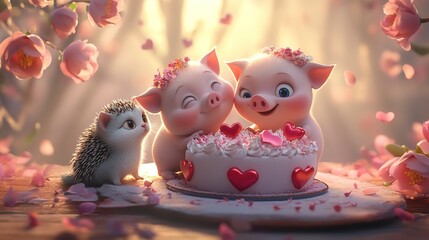 Adorable Piglets and Hedgehog Sharing a Heart-Shaped Cake in a Spring Garden