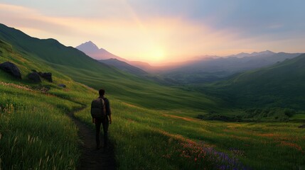 Obraz premium Hiking through a vibrant valley at sunrise in nature