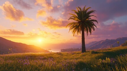 Lone palm tree silhouetted against a vibrant sunset sky over lush hills and a tranquil water body during golden hour.