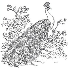 Fototapeta premium Peacock Illustration: A detailed line drawing of a majestic peacock in a serene garden setting, capturing the intricate beauty and elegance of this captivating creature.