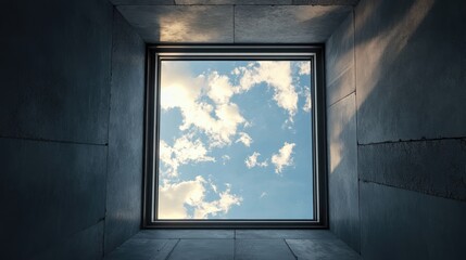 Velux style open roof window view showcasing blue sky and clouds framed by modern black roof tiles...