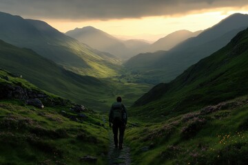 Obraz premium Hiker exploring a lush valley during sunset in the mountains