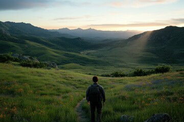Fototapeta premium Hiker exploring a serene valley at sunset in the mountains
