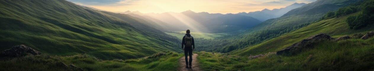 Fototapeta premium Exploring a tranquil valley during sunrise with expansive views