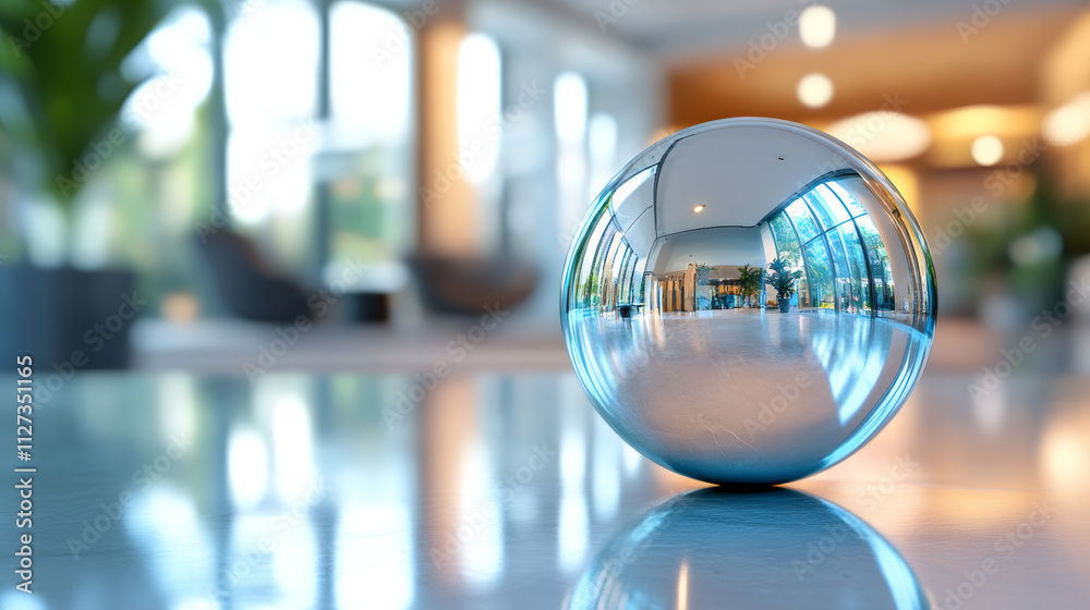 Aufkleber Shiny sphere reflecting modern office lobby with large windows and plants, creating a distorted view of the interior design