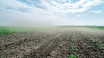 Dust storm over plowed fields highlighting soil erosion with lush green farms under a cloudy sky in a picturesque landscape