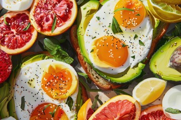 A vibrant visual of a paleo breakfast. featuring avocado toast, eggs, and fresh fruit. emphasizing primal and nutritious eating. Ideal for paleo guides