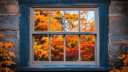 Autumn foliage reflected in a rustic window showcasing vibrant fall colors of trees and a charming...