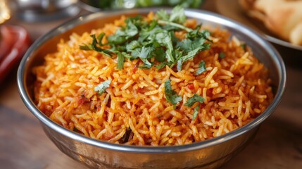 Delicious orange rice garnished with fresh coriander leaves in a stainless steel bowl ready to be served