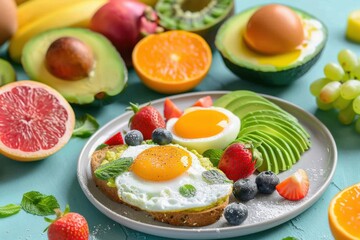 A vibrant visual of a paleo breakfast. featuring avocado toast, eggs, and fresh fruit. emphasizing primal and nutritious eating. Ideal for paleo guides