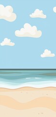 Fototapeta premium Vertical illustration depicting a tropical beach meeting a calm sea under a blue sky with white clouds, creating a serene and idyllic summer scene