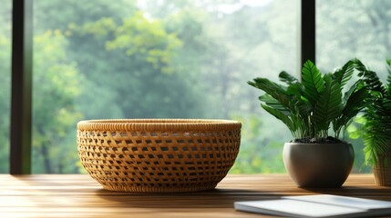Wicker basket on a wooden desk with lush greenery in soft focus background creating a serene indoor nature atmosphere
