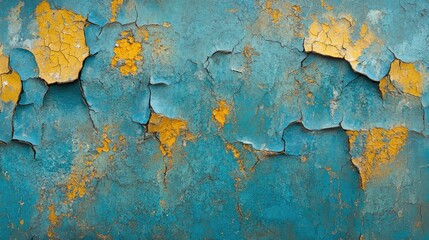 Fototapeta premium Weathered concrete wall with cracked peeling paint in turquoise and gold hues Ideal for textured background and design inspiration