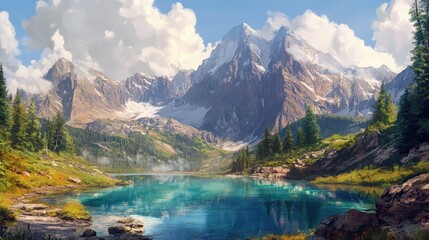 Naklejka premium Serene mountain lake reflecting majestic snow-capped peaks under a bright sky.