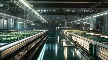 Naklejka premium Indoor hydroponic farm with rows of plants under artificial lights.