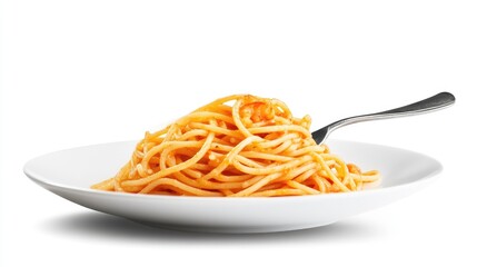 Plate of delicious shrimp pasta with a fork isolated on a white background showcasing a gourmet culinary presentation