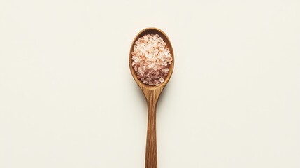 Pink Himalayan salt on a wooden spoon with a neutral background highlighting natural mineral beauty and culinary use