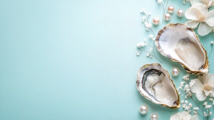 Natural pearls in oyster shells on blue background with delicate flowers for elegant decoration and copy space design.